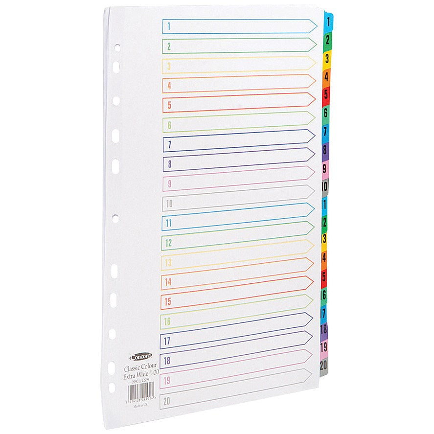Concord Reinforced Board Index Dividers, Extra Wide, 1-20, Multicolour Tabs, A4, White