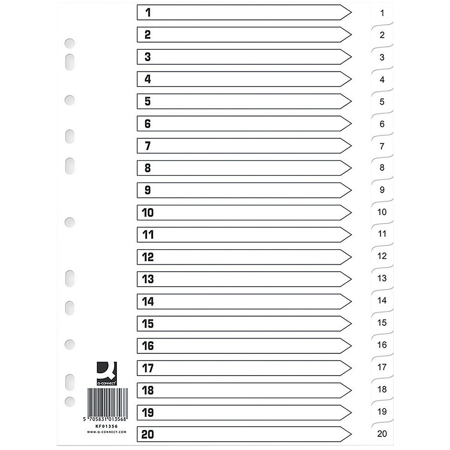 Q-Connect Plastic Index Dividers, 1-20, Clear Tabs, A4, White (Pack of 10)