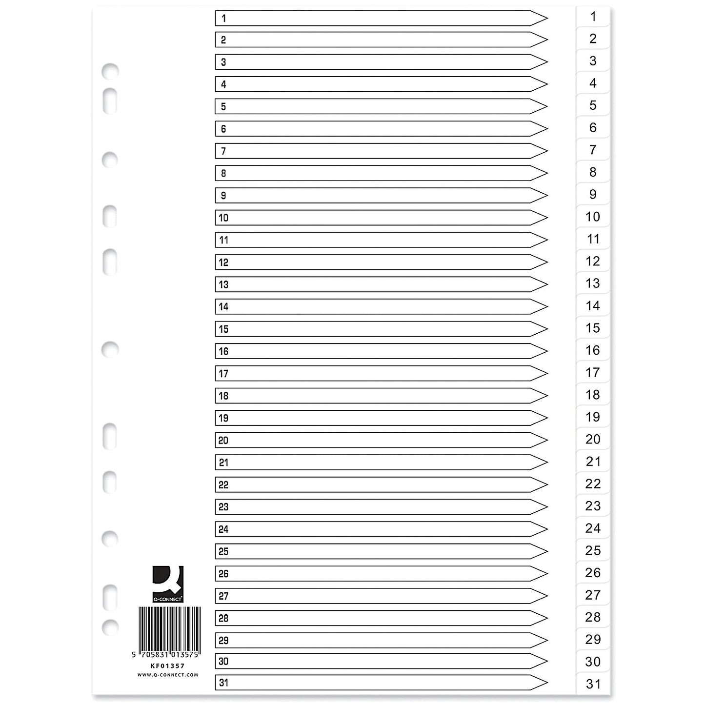 Q-Connect Plastic Index Dividers, 1-31, Clear Tabs, A4, White, Pack of 10