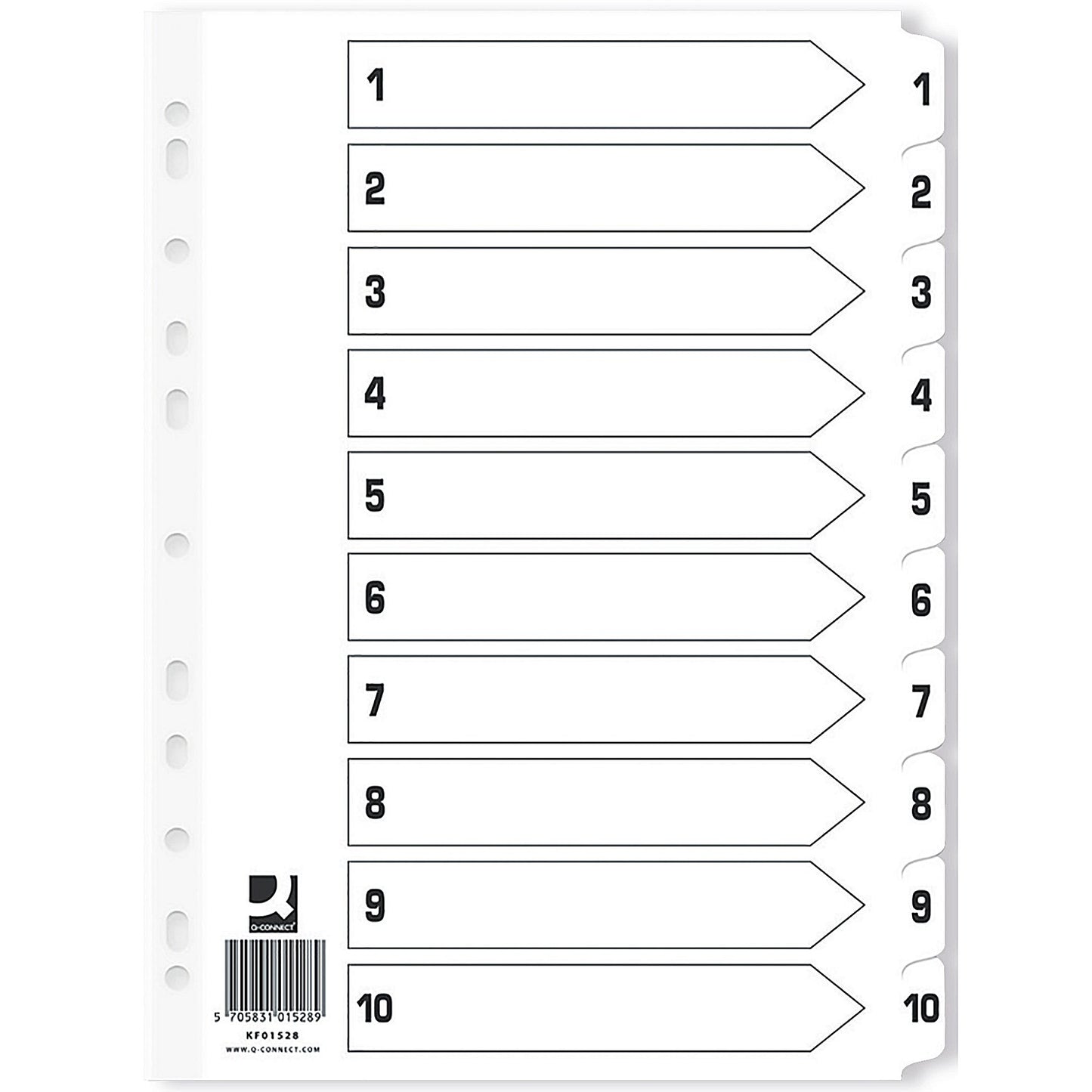 Q-Connect Reinforced Board Index Dividers, 1-10, Clear Tabs, A4, White (Pack of 25)