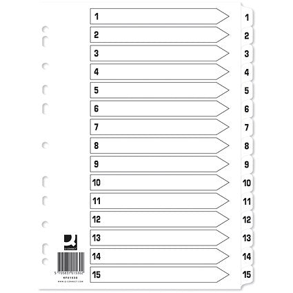 Q-Connect Reinforced Board Index Dividers, 1-15, Clear Tabs, A4, White