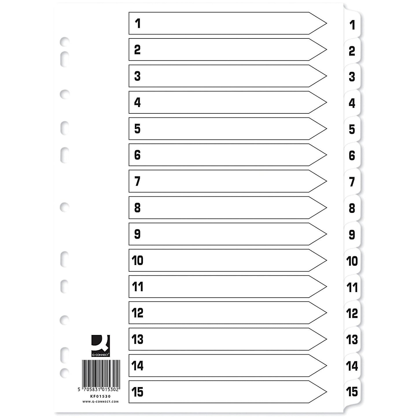 Q-Connect Reinforced Board Index Dividers, 1-15, Clear Tabs, A4, White, Pack of 10