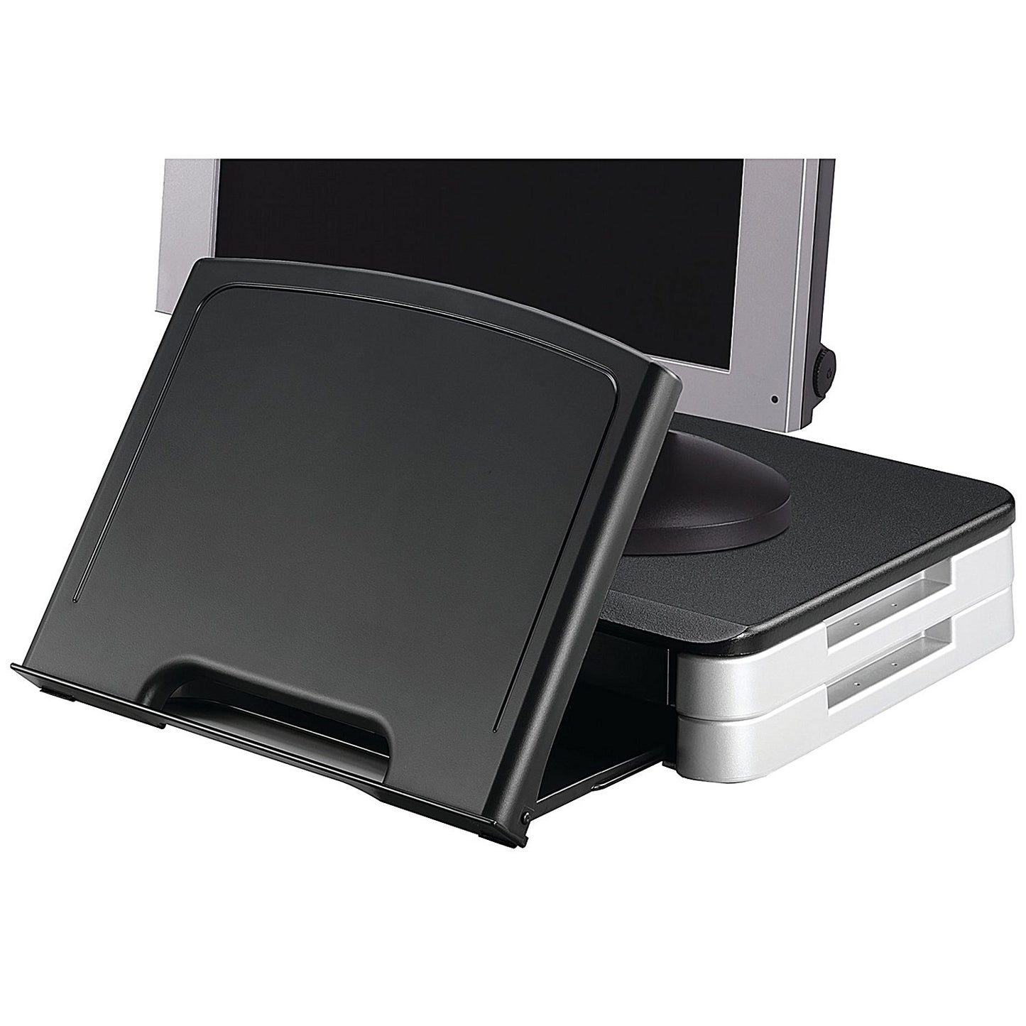 Q-Connect Monitor Stand with Drawer and Copyholder, Adjustable Height, Black