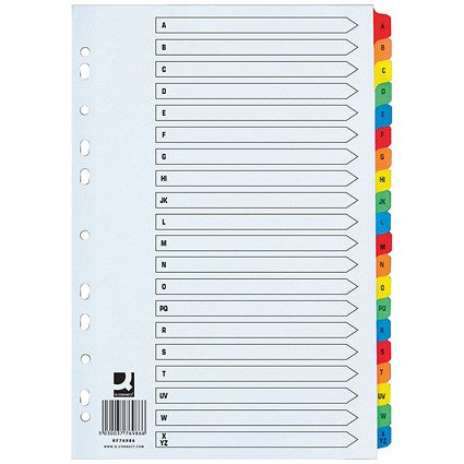 Q-Connect Reinforced Board Index Dividers, Extra Wide, A-Z, Multicolour Tabs, A4, White