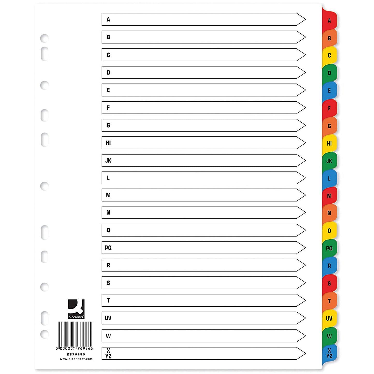 Q-Connect Reinforced Board Index Dividers, Extra Wide, A-Z, Multicolour Tabs, A4, White (Pack of 15)