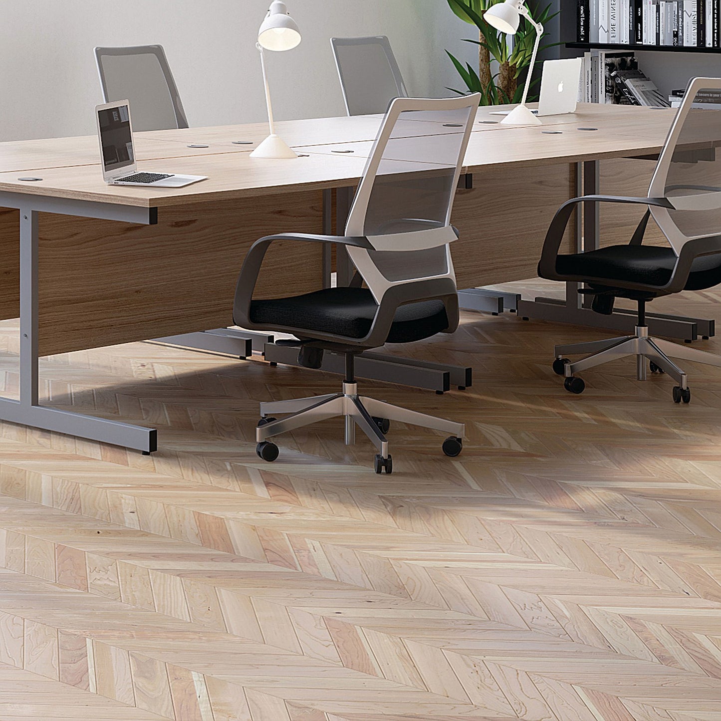 Jemini 1600mm Slim Rectangular Desk, Silver Cantilever Leg, Grey Oak