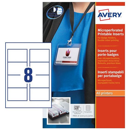 Avery Name Badge Insert 86mm x 55mm 160gsm White 200 Labels 25 Sheets (Pack 200) L7418-25 Easy2Order : L7418-25.UK