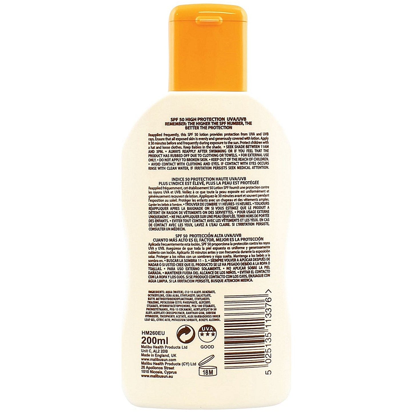 Malibu SPF 50 Sun Lotion 200ml Easy2Order : MBU11337
