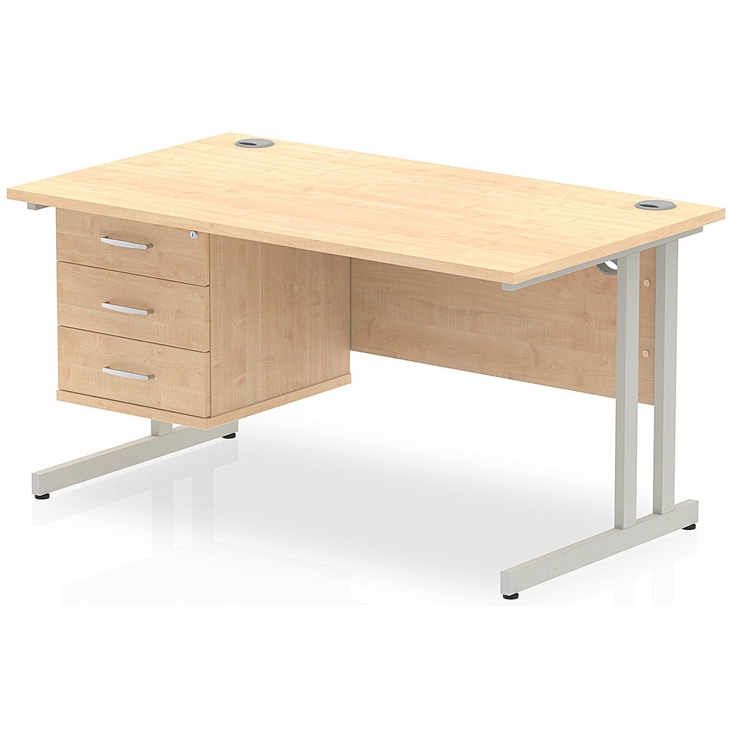 Impulse 1400mm Rectangular Office Desk With Fixed 3 Drawer Pedestal, Silver Cantilever Leg, Maple Easy2Order : MI002440