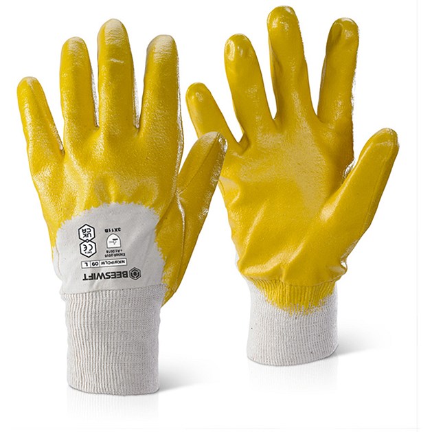 Beeswift Nitrile Part Coated Knitwrist Light Weight Gloves, Yellow, Medium-XL, Pack of 10 Easy2Order : NKWPCLWN10