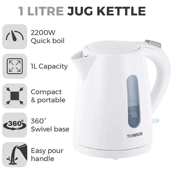 Tower Essentials Kettle, 1 Litre, 2.2kw, White Easy2Order : NWT7927
