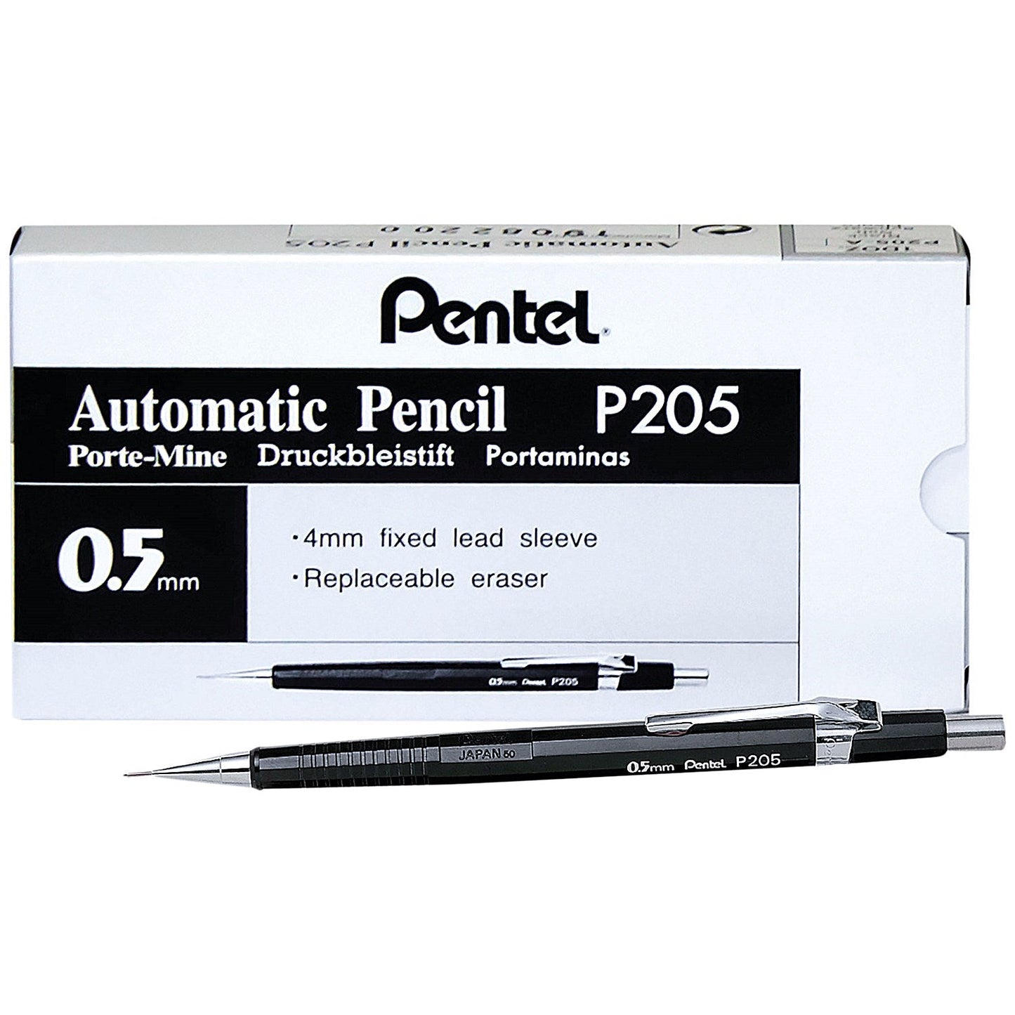 Pentel P205 Mechanical Pencil with eraser, Steel-lined with 6 x HB 0.5mm Lead, Pack of 12 Easy2Order : PE04024