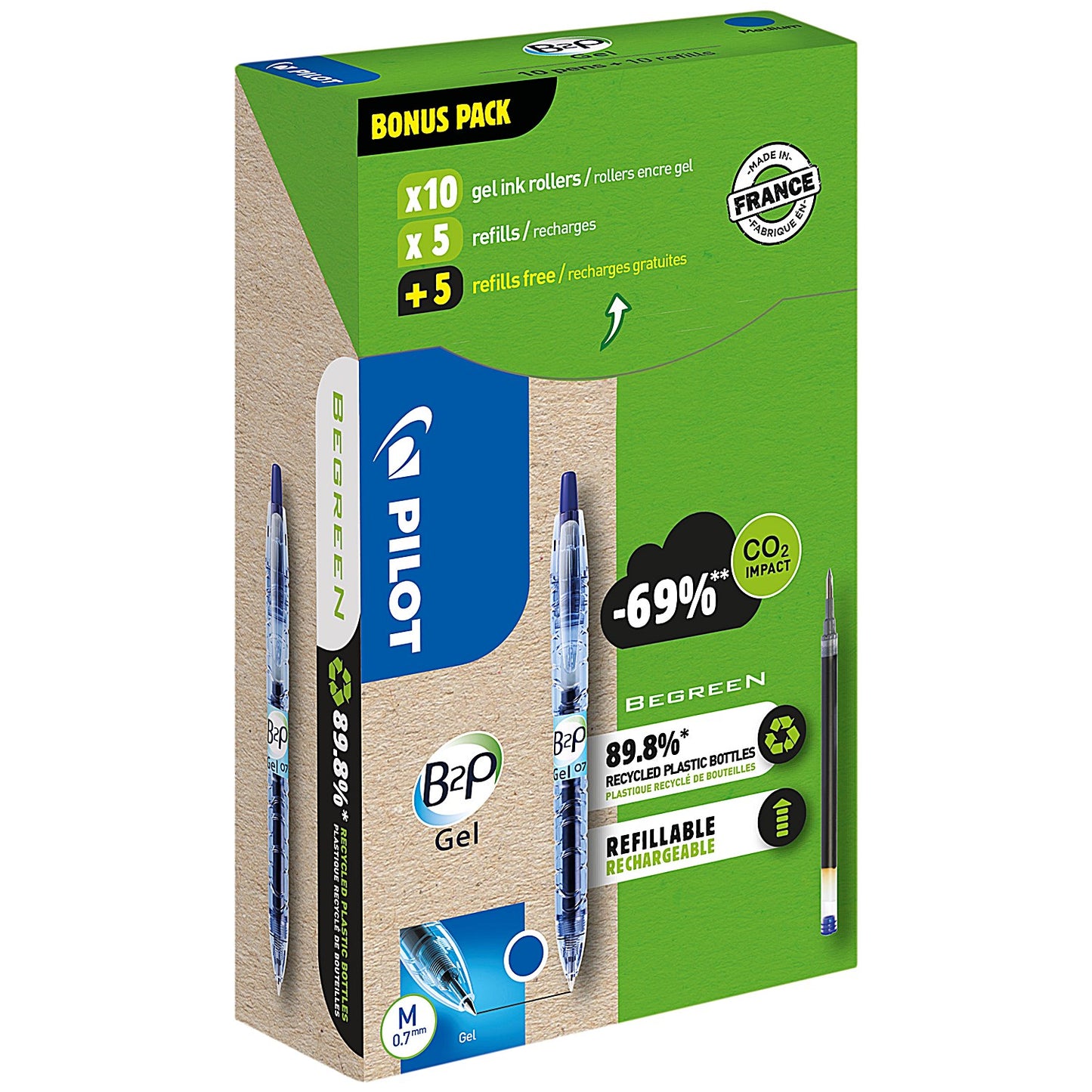 Pilot B2P GreenPack Gel Ink Rollerball Pen/Refill 10 Pens+10 Refills Blue (Pack of 20)