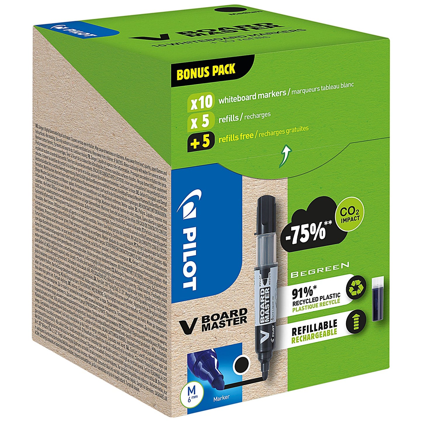 Pilot V-Board Master Markers & Refills, Medium Tip, Black, Pack of 20(10 Markers & 10 Refills)