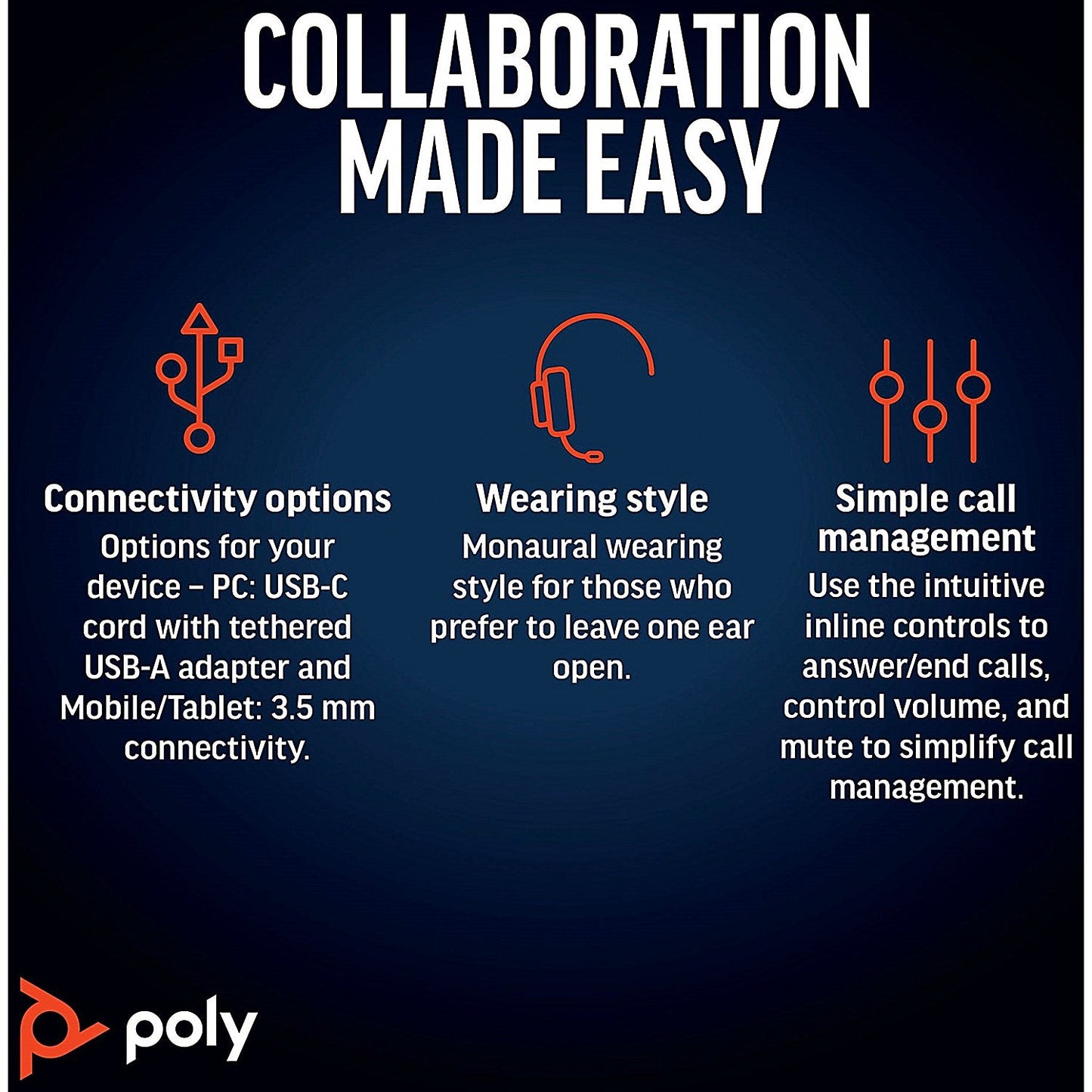Poly Blackwire 5210 Monaural USB-C/A +3.5mm Headset 8X230AA Easy2Order : PY42942