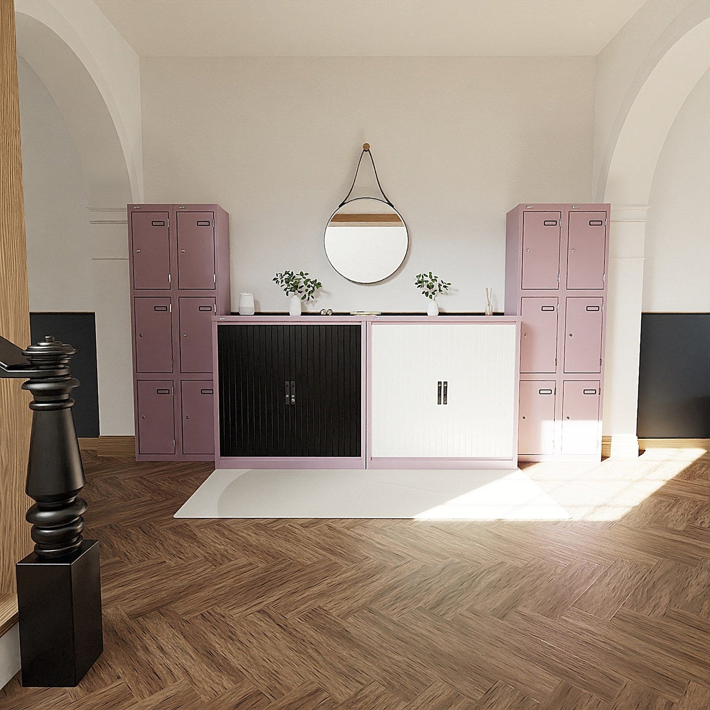 Qube 1000mm Side Tambour Cupboard Antique Pink And Satin White With Shelves Easy2Order : QS2214