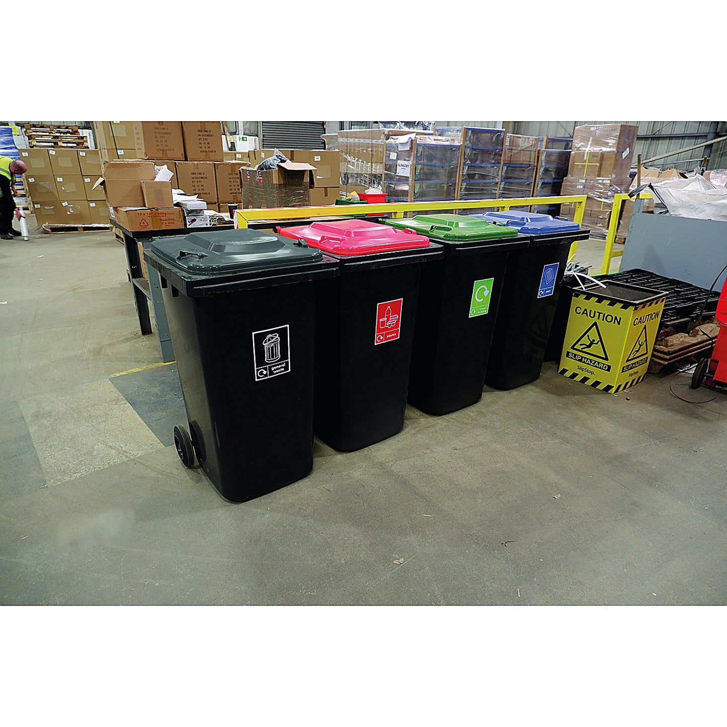 Wheelie Bins With Colour Coded Lids and Recycling Stickers, 240 Litre, Set of 4