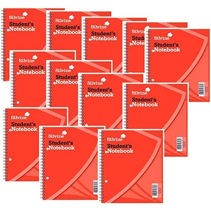 Silvine Student Wirebound Notebook, 229x178mm, Ruled, 120 Pages, Red, Pack of 12