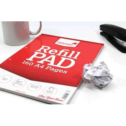 Silvine Headbound Refill Pad, A4, Ruled with Margin, 160 Pages, Red, Pack of 6
