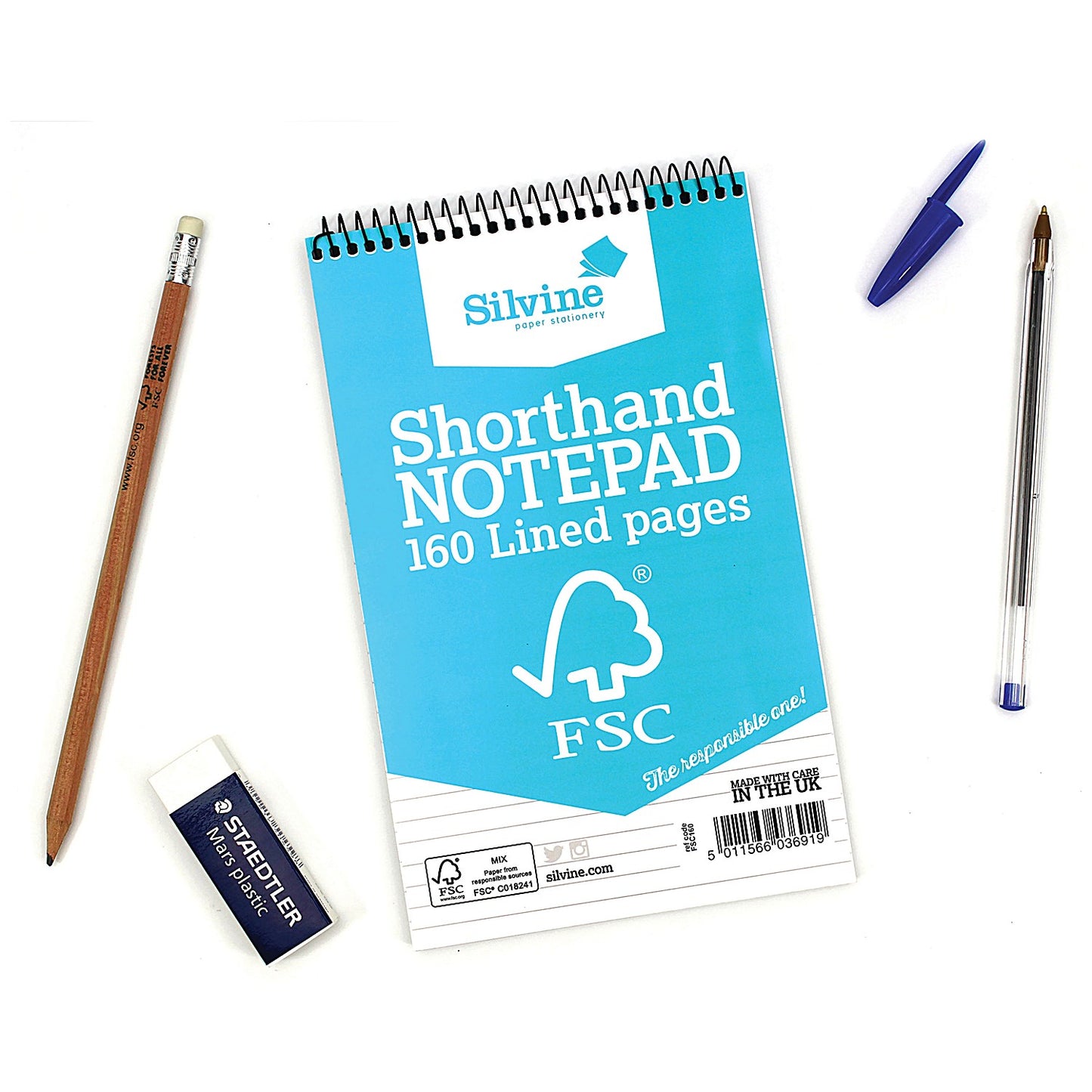 Silvine FSC Certified Wirebound Shorthand Notebook, 203x127mm, Ruled & Perforated, Blue, Pack of 10