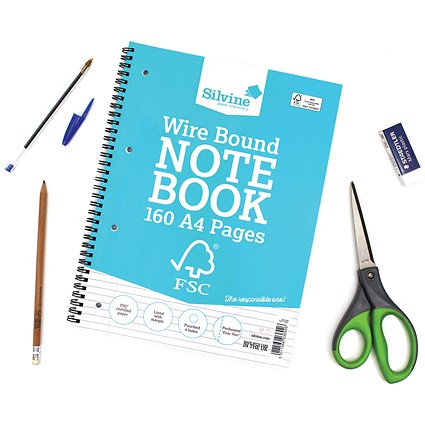 Silvine FSC Certified Wirebound Notebook, A4, Ruled & Perforated, 160 Pages, Blue, Pack of 5