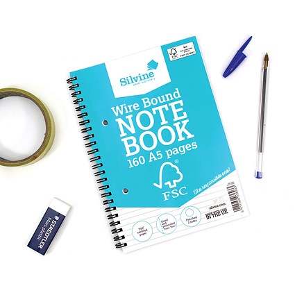 Silvine FSC Certified Wirebound Notebook, A5, Ruled & Perforarted, 160 Pages, Blue Pack of 5