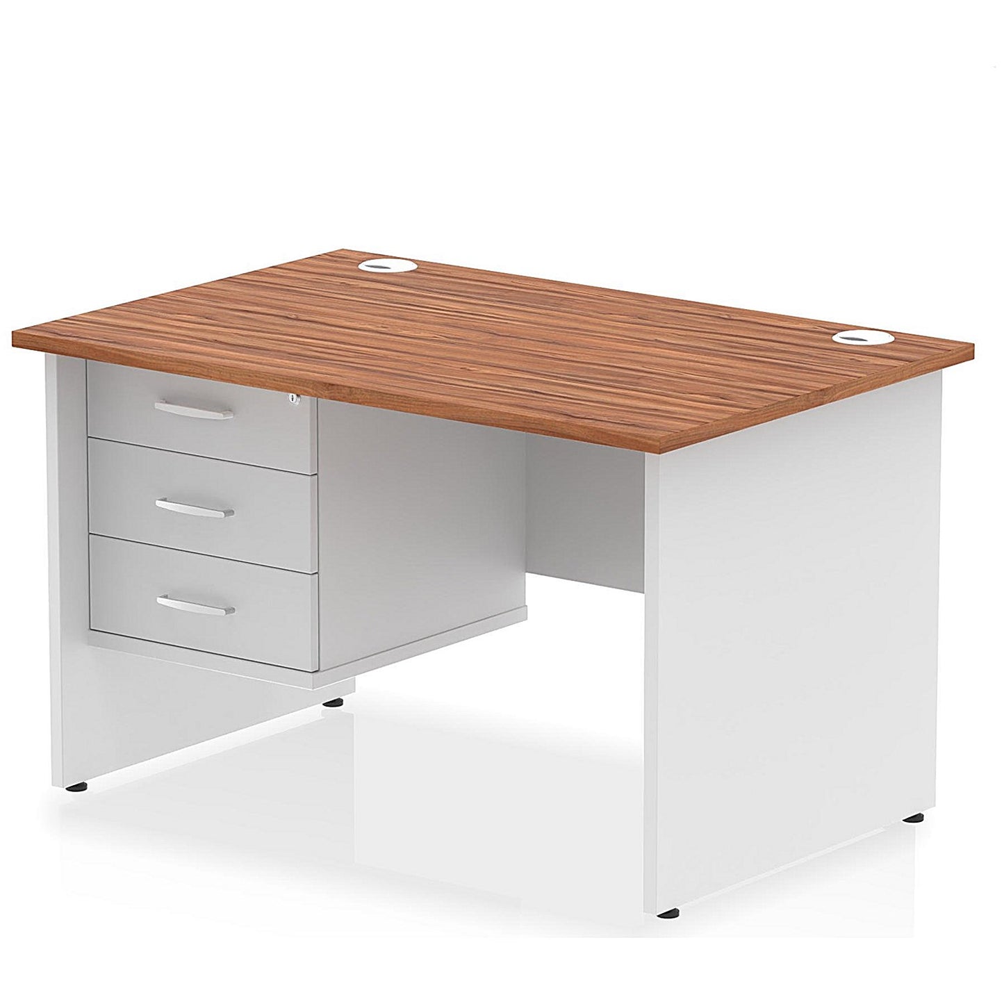 Impulse 1200mm Two-Tone Rectangular Desk, White Panel End Leg, Walnut, With 3 Drawer Fixed Pedestal