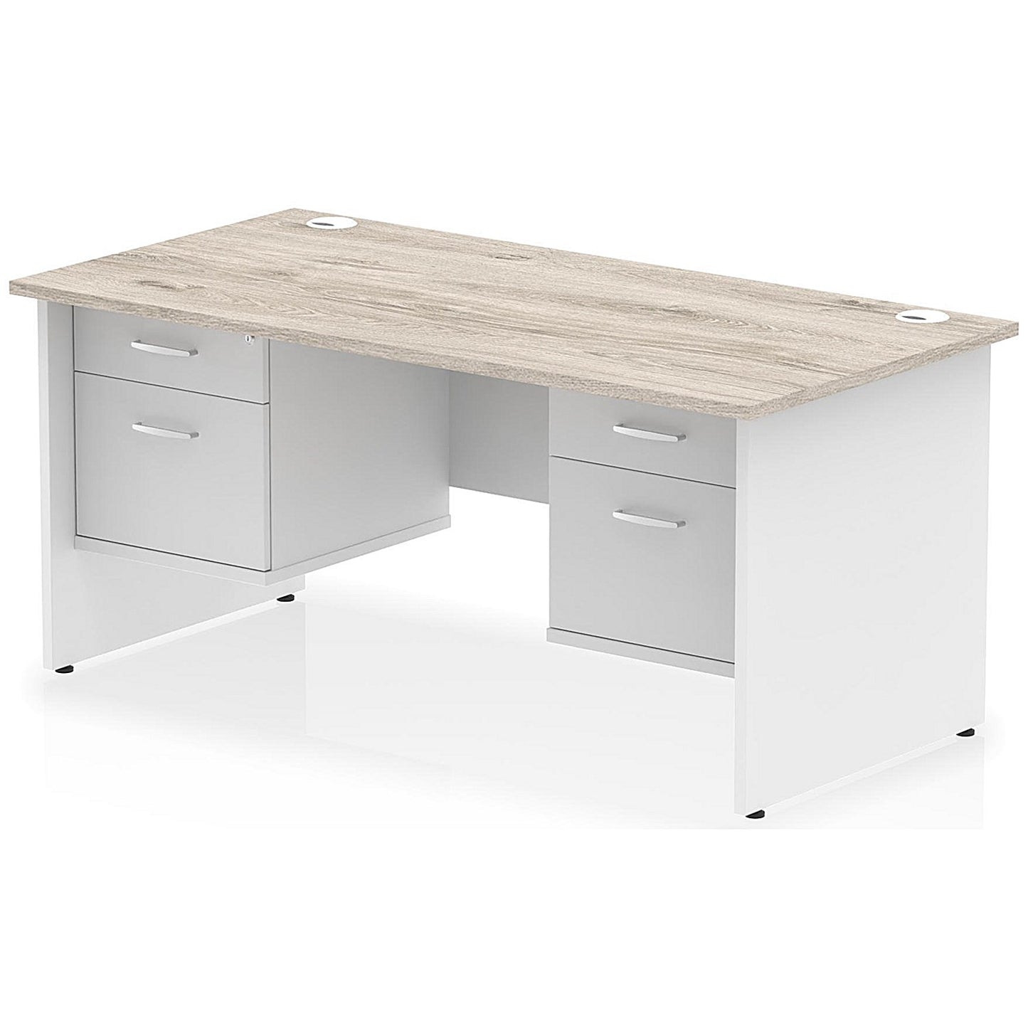 Impulse 1600mm Two-Tone Rectangular Desk, White Panel End Leg, Grey Oak, With 2 x 2 Drawer Fixed Pedestal