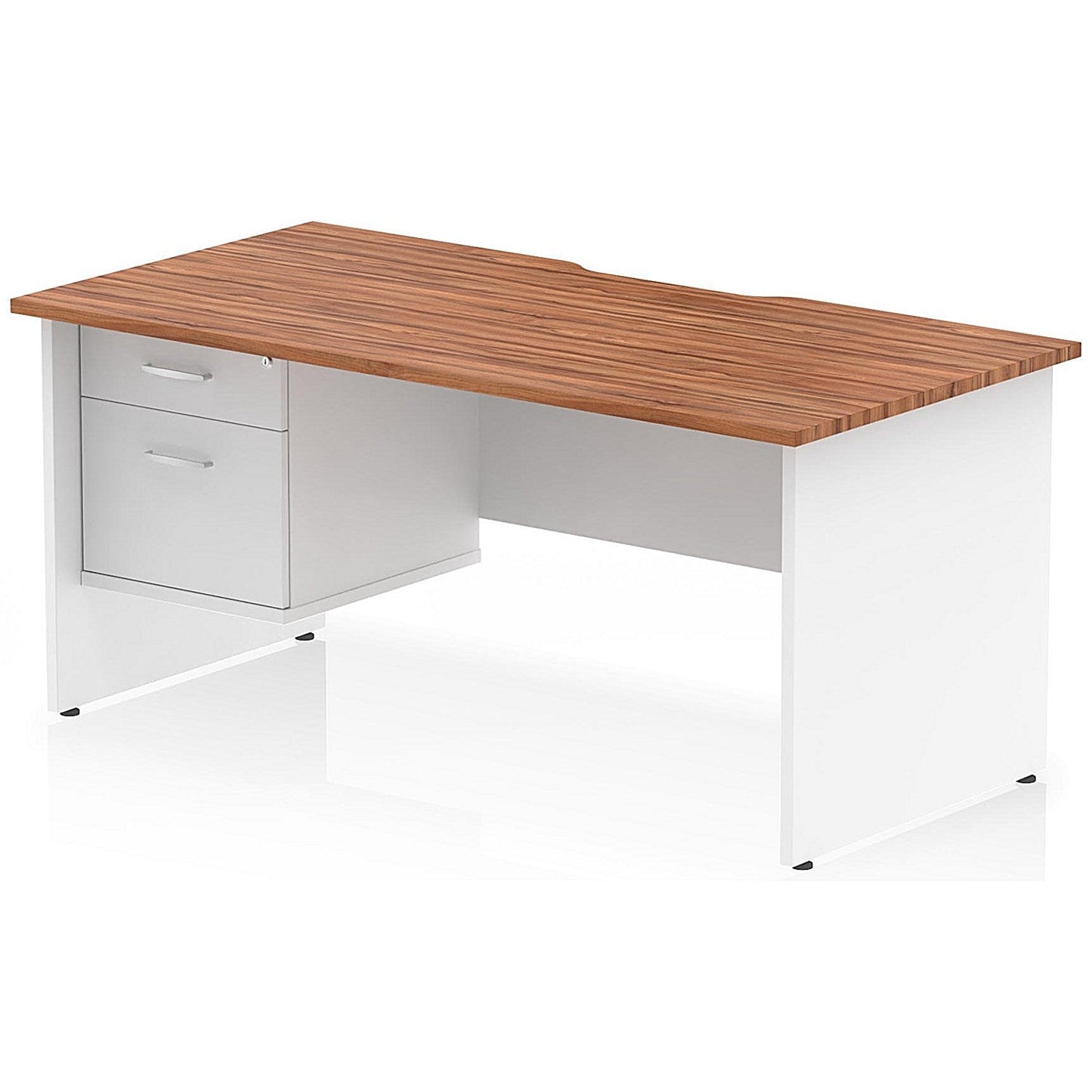 Impulse 1600mm Two-Tone Scalloped Edge Rectangular Desk, White Panel End Legs, Walnut, With 1 x 2 Drawer Fixed Pedestal Easy2Order : TT000332