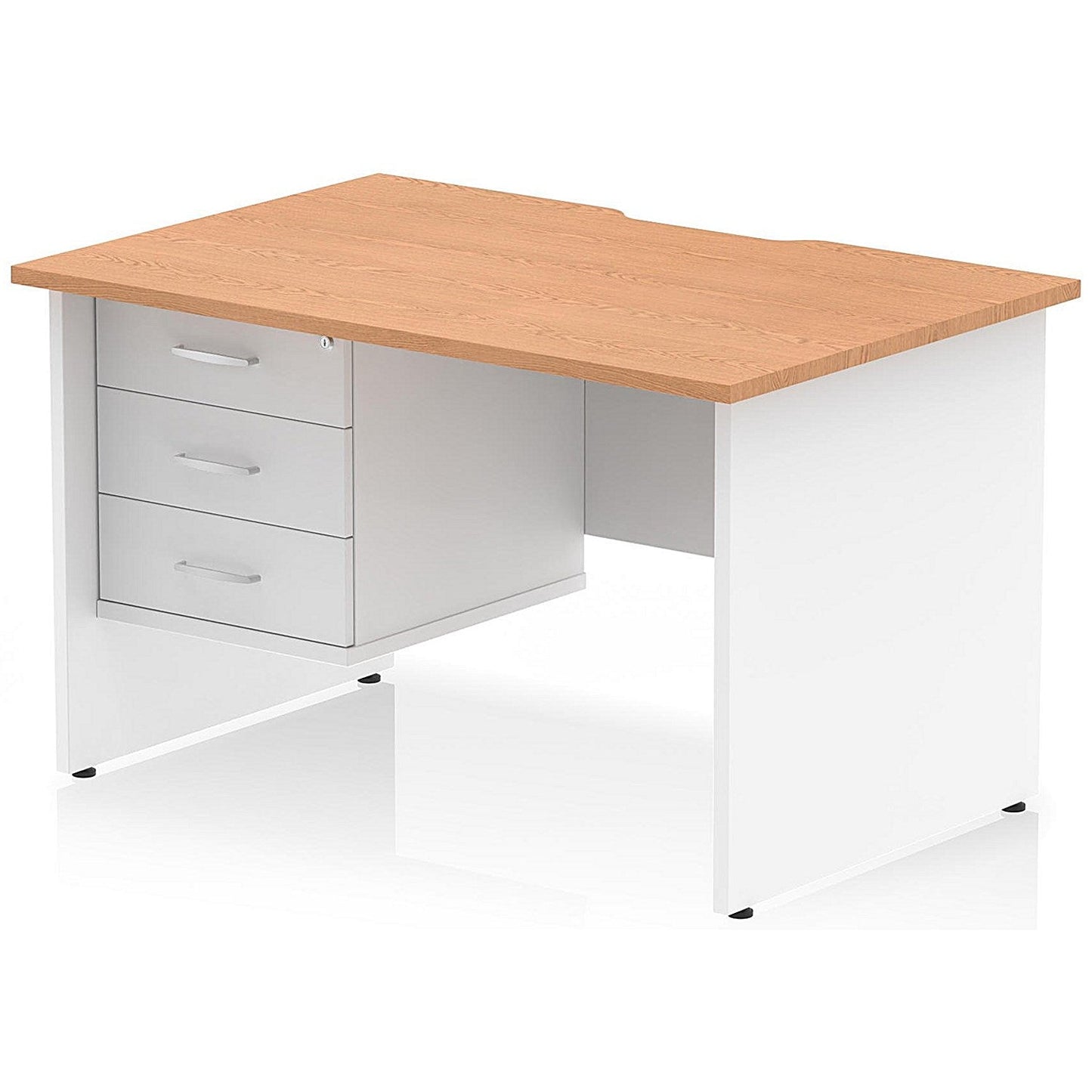 Impulse 1200mm Two-Tone Scalloped Edge Rectangular Desk, White Panel End Legs, Oak, With 1 x 3 Drawer Fixed Pedestal Easy2Order : TT000336