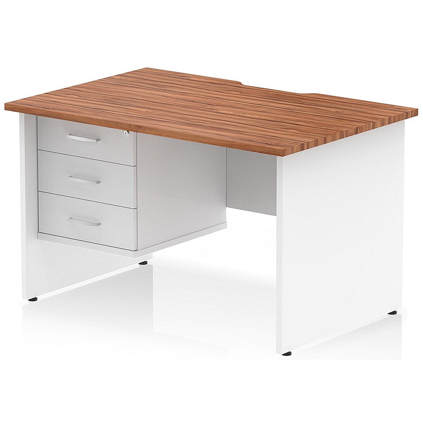 Impulse 1200mm Two-Tone Scalloped Edge Rectangular Desk, White Panel End Legs, Walnut, With 1 x 3 Drawer Fixed Pedestal Easy2Order : TT000337