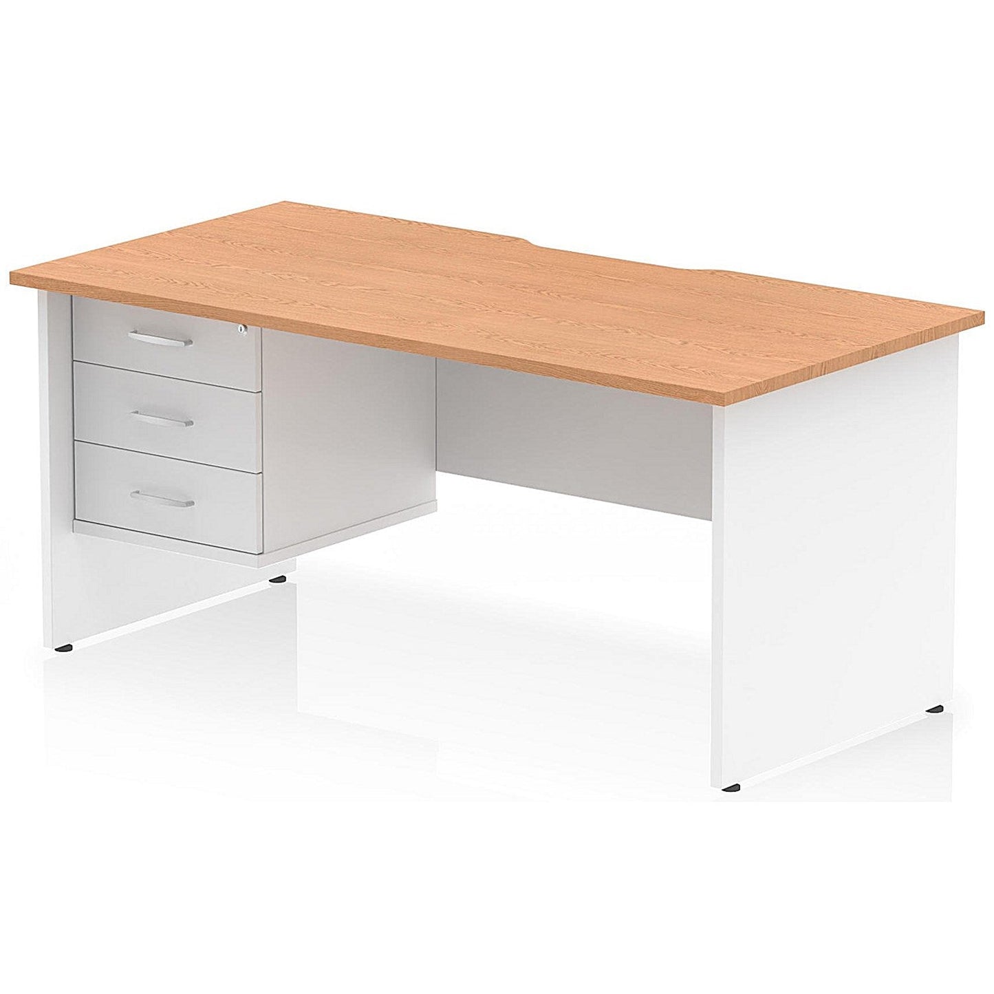Impulse 1600mm Two-Tone Scalloped Edge Rectangular Desk, White Panel End Legs, Oak, With 1 x 3 Drawer Fixed Pedestal Easy2Order : TT000346