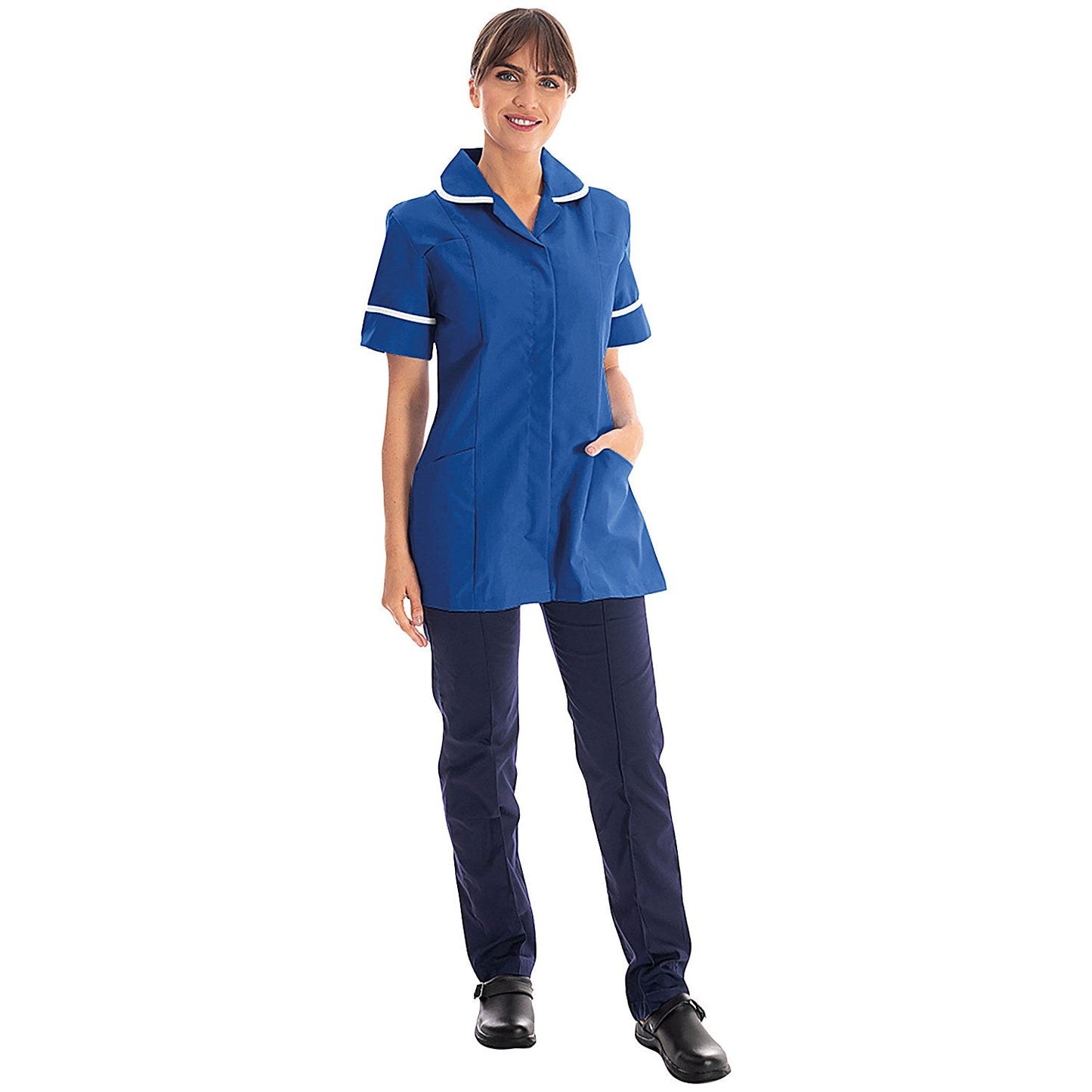 Work in Style Female Nursing Tunic, Bugatti Blue with White Trim, 48 Inch Easy2Order : WIS22922