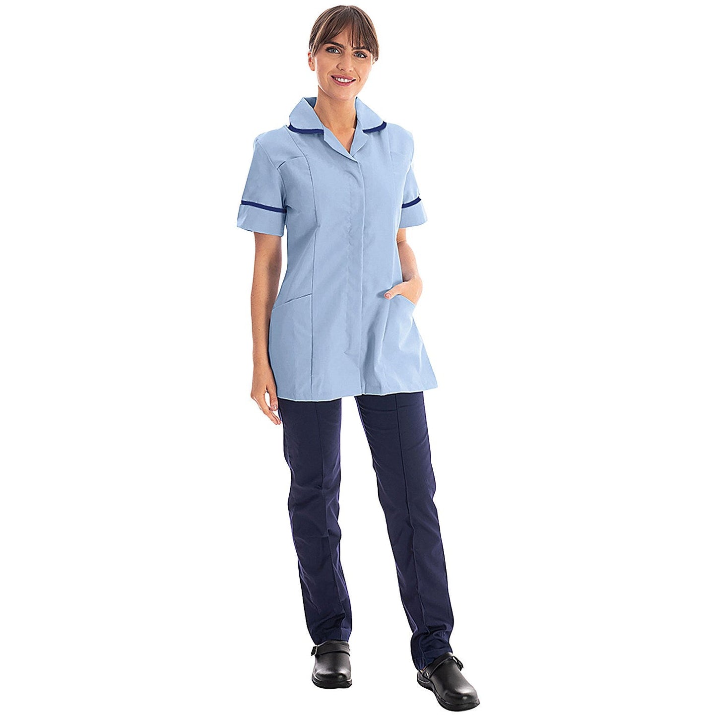 Work in Style Female Nursing Tunic, Sky with Navy Trim, 42 Inch Easy2Order : WIS27772