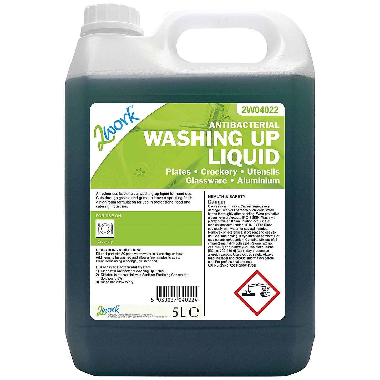 2Work Antibacterial Washing Up Liquid, 5 Litres
