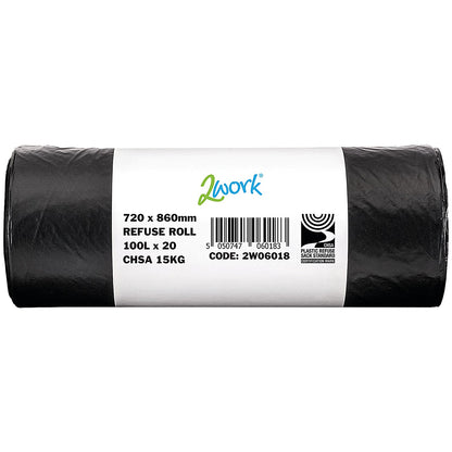2Work Heavy Duty Refuse Sack, 100 Litre, Black, Pack of 200