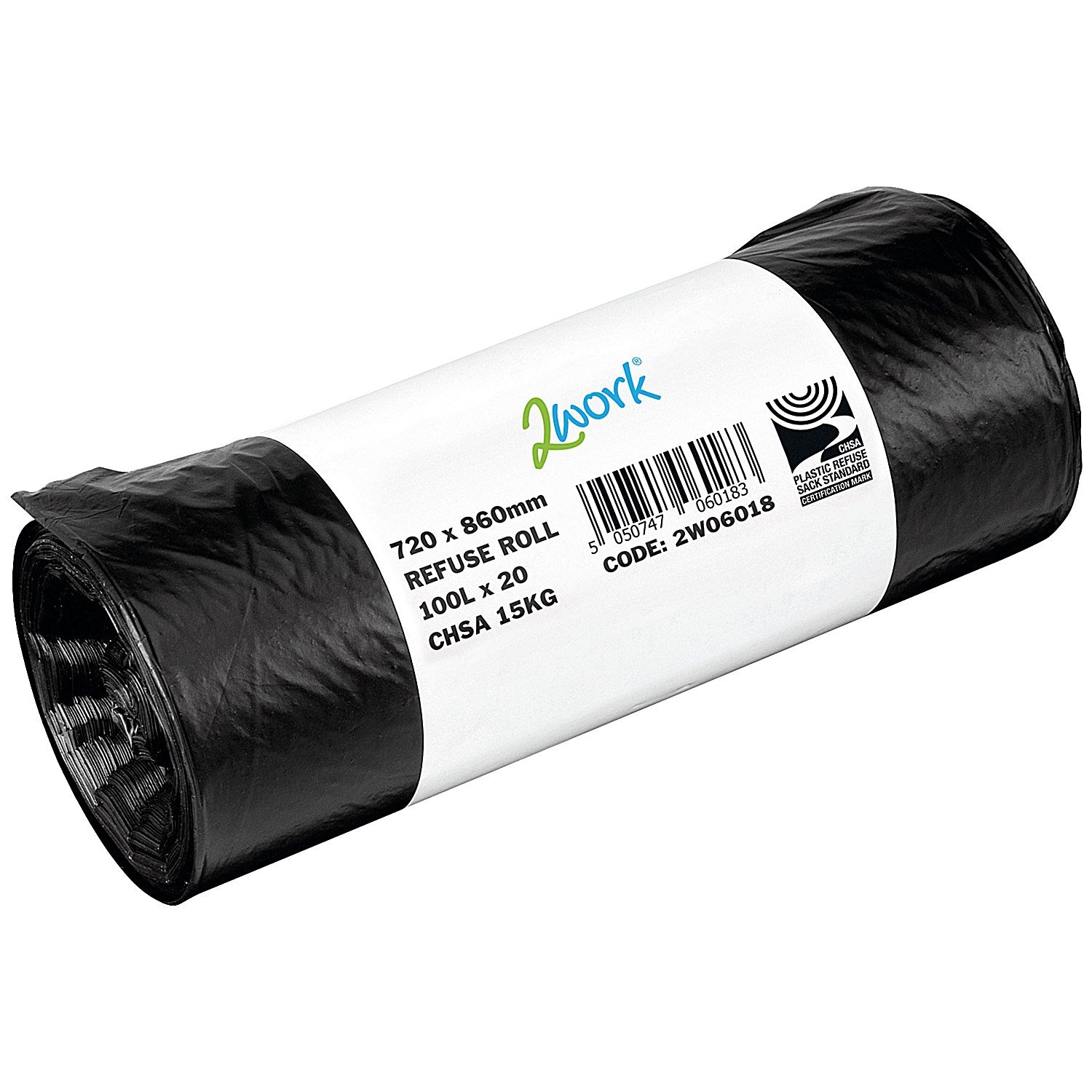 2Work Heavy Duty Refuse Sack, 100 Litre, Black, Pack of 200