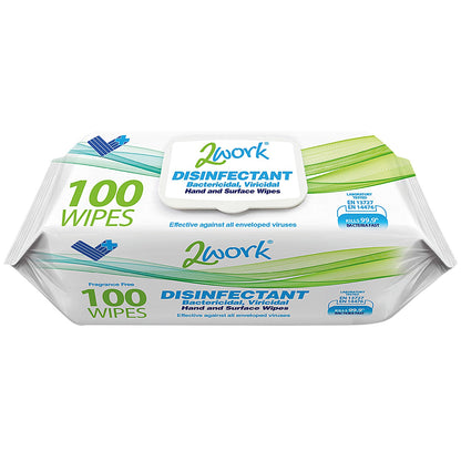 2Work Viricidal Hand & Surface Wipes, Pack of 100