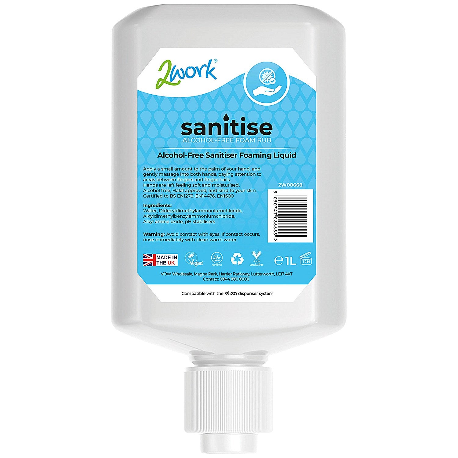 2Work Sanitise Alcohol-Free Foam Hand Sanitiser Cartridge, 1 Litre, Pack of 6