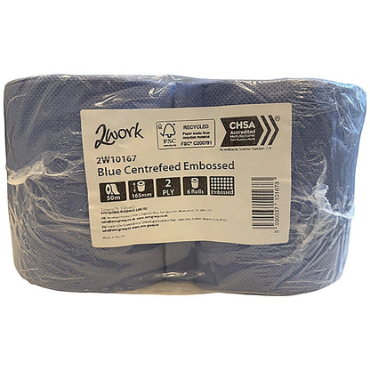 2Work 2-Ply Embossed Centrefeed Roll 50m Blue (Pack of 6) 2W10167