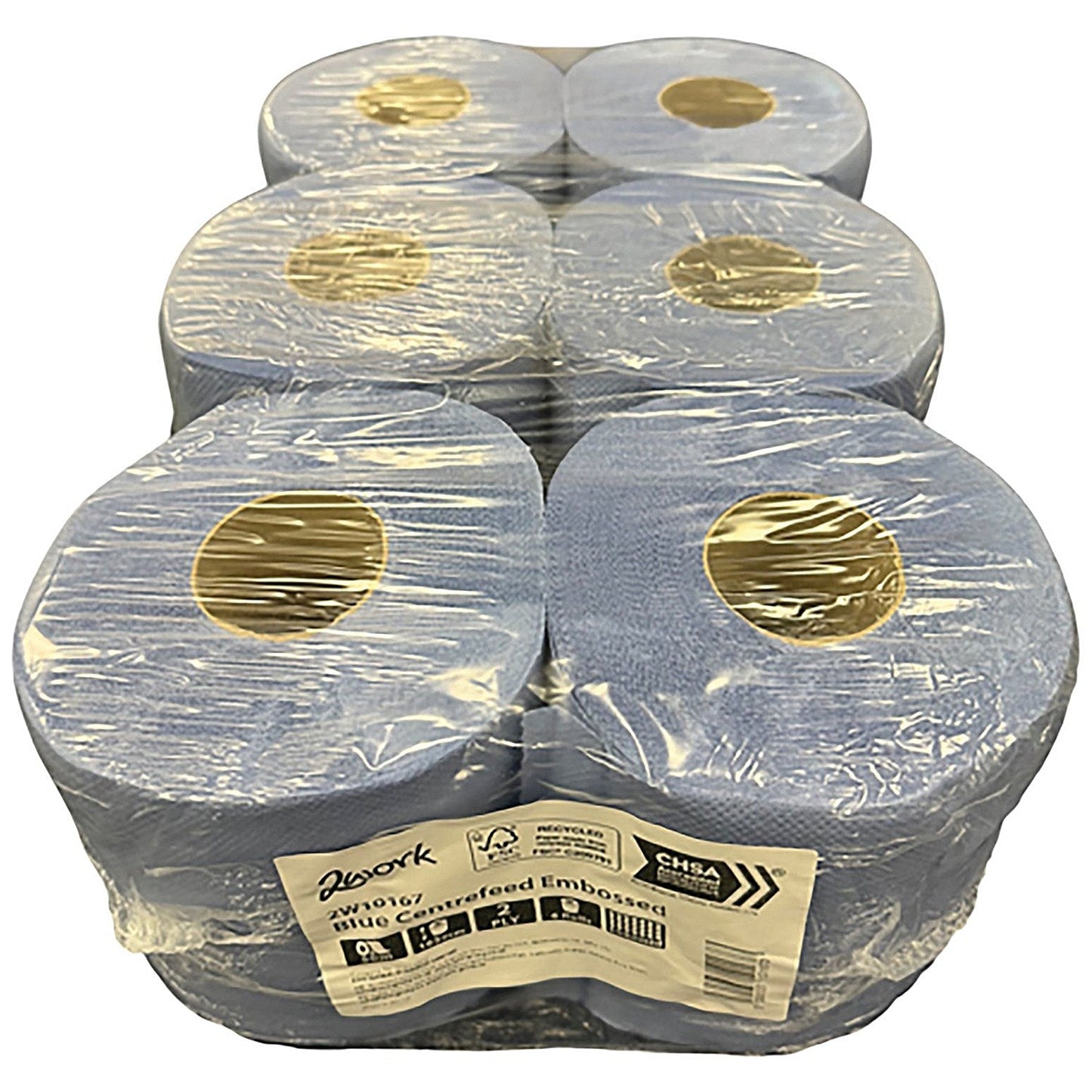 2Work 2-Ply Embossed Centrefeed Roll 50m Blue (Pack of 6) 2W10167