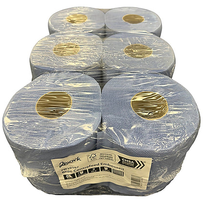 2Work 2-Ply Embossed Centrefeed Roll 50m Blue (Pack of 6) 2W10167