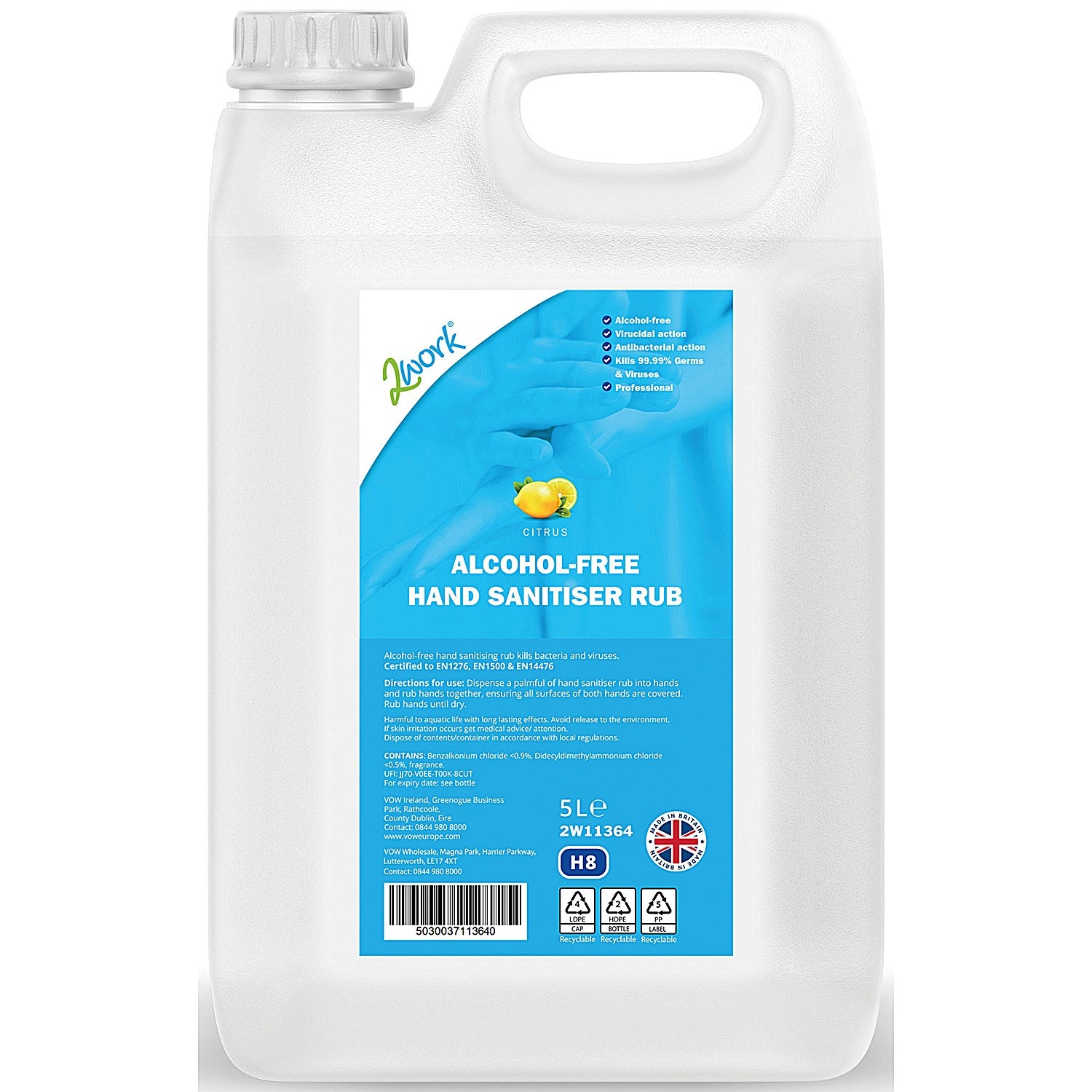 2Work Hand Sanitiser Rub Alcohol-Free Jerry Can, 5 Litres