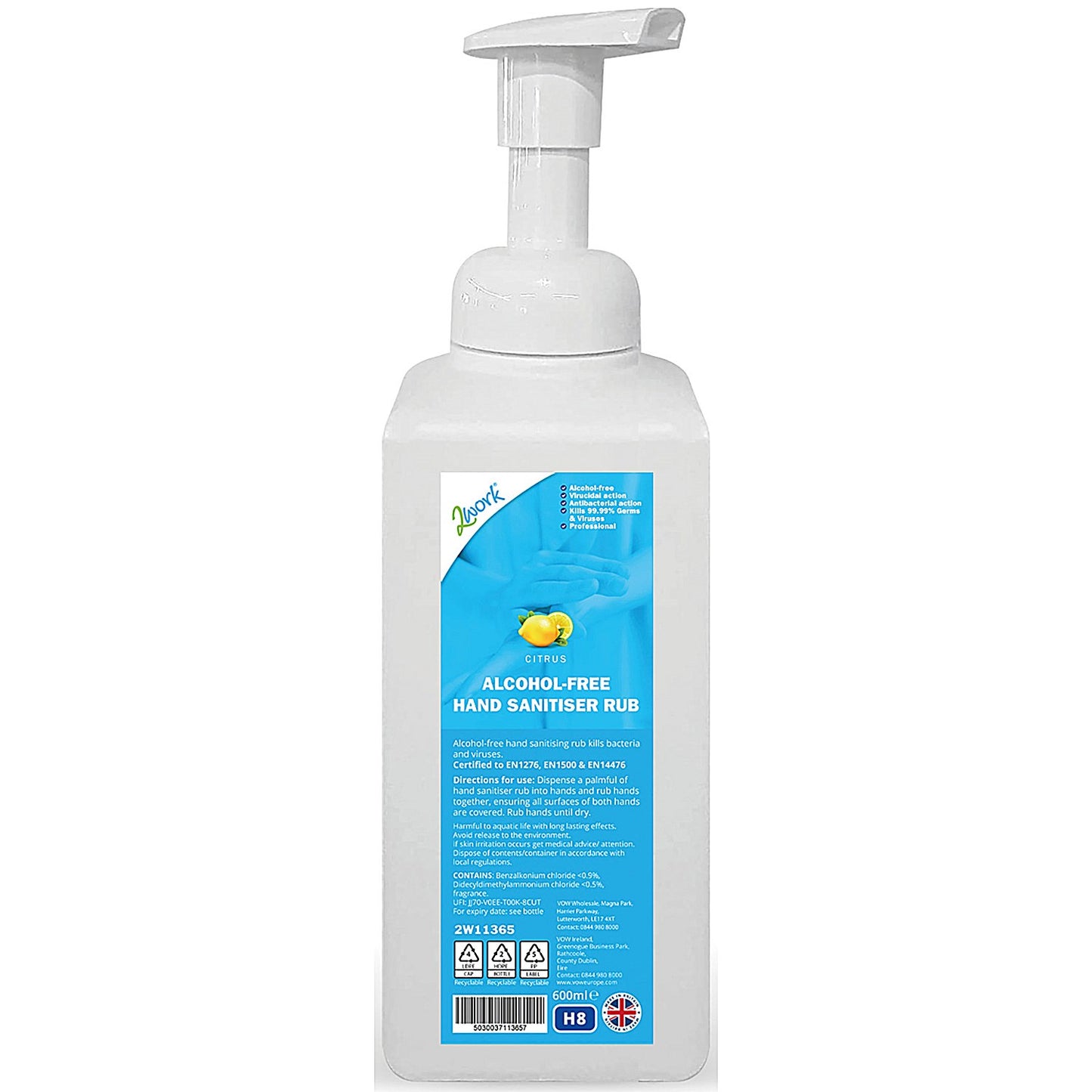 2Work Alcohol-Free Foaming Hand Sanitiser Rub, 600ml Bottle