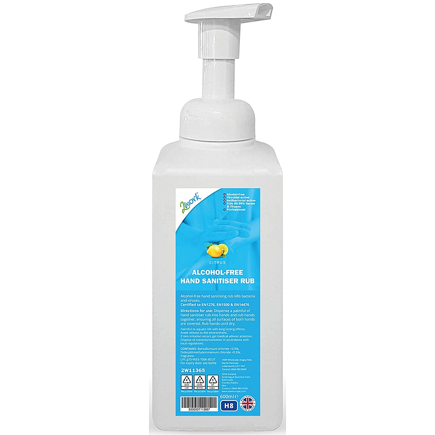 2Work Alcohol-Free Foaming Hand Sanitiser Rub, 600ml Bottle