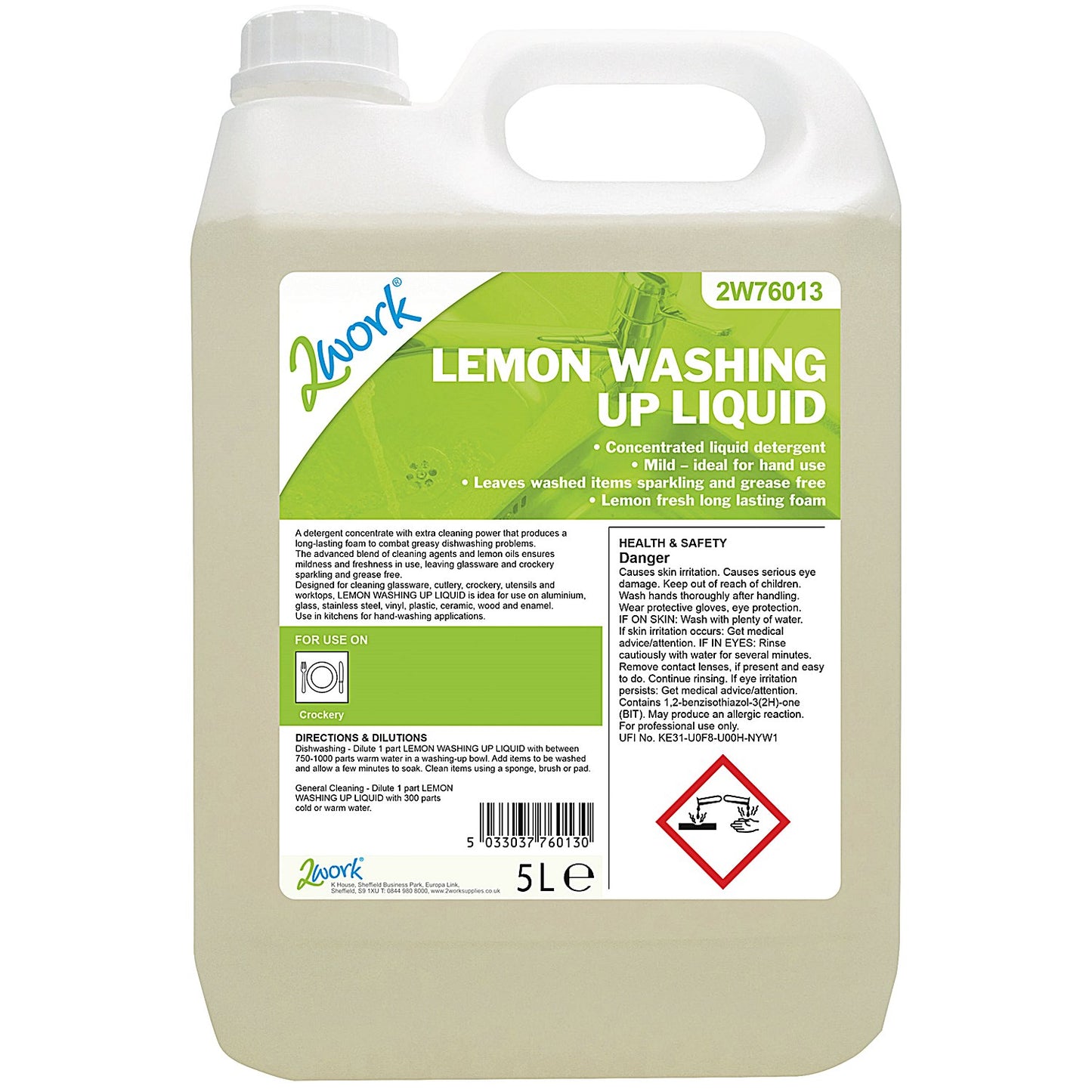 2Work Washing Up Liquid, Lemon, 5 Litres