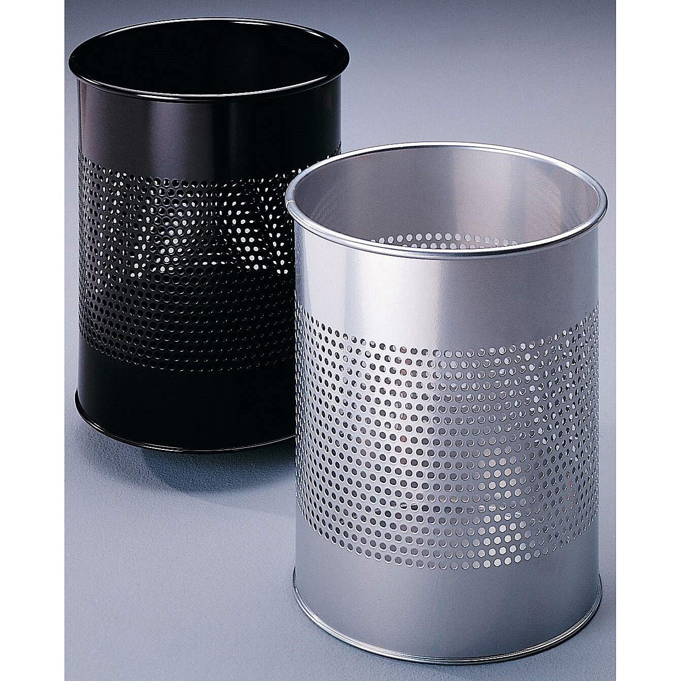 Durable Round Metal Perforated Waste Bin, Scratch Resistant Steel, 15 Litres, Black