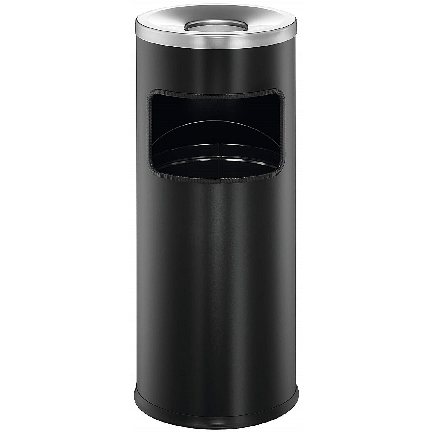 Durable Round Metal Waste Bin with Fire Extinguishing Ashtray, 17 Litre Bin/2 Litre Ashtray, Black