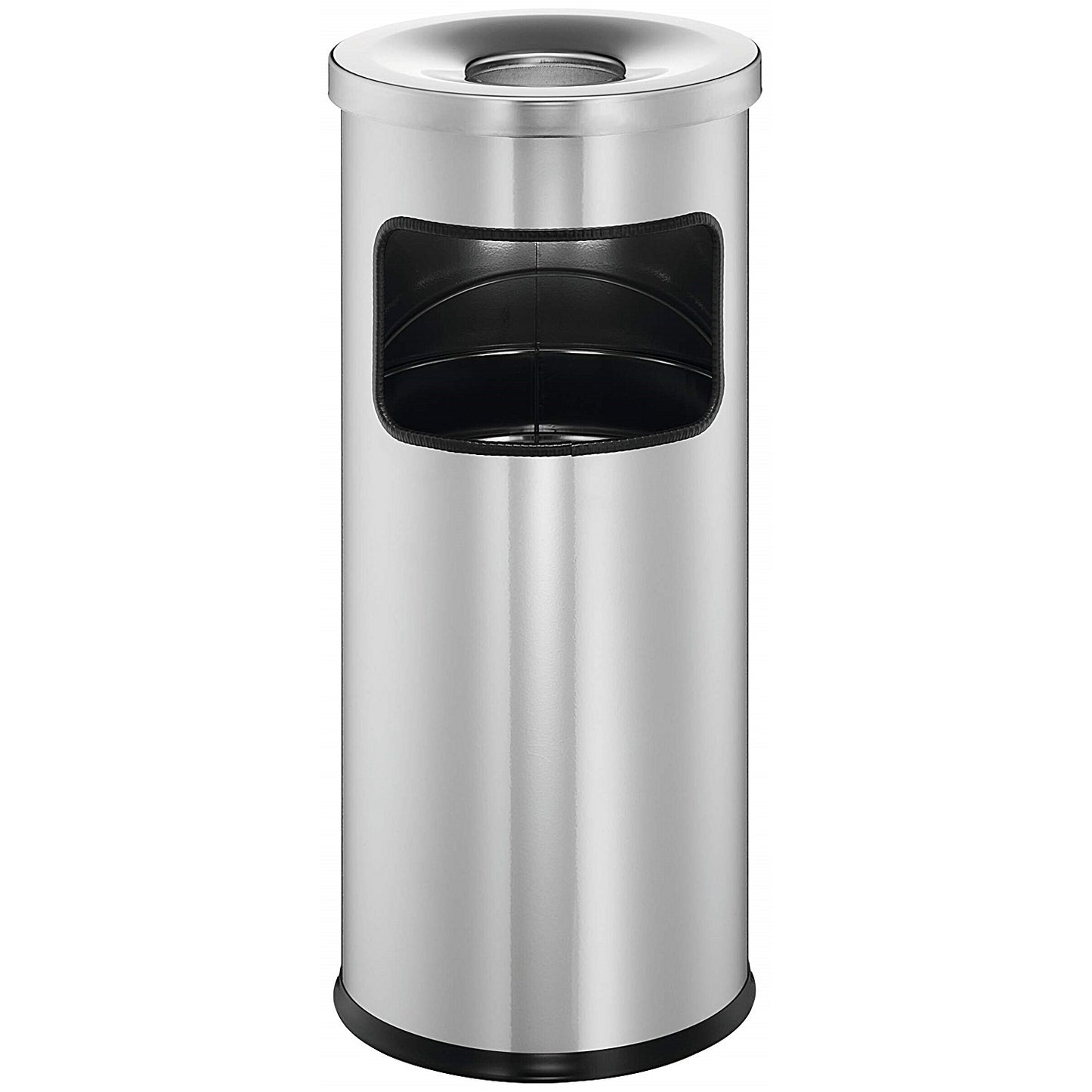 Durable Round Metal Waste Bin with Fire Extinguishing Ashtray, 17L Bin/2L Ashtray, Silver
