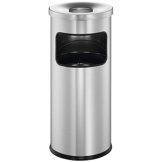 Durable Round Metal Waste Bin with Fire Extinguishing Ashtray, 17L Bin/2L Ashtray, Silver
